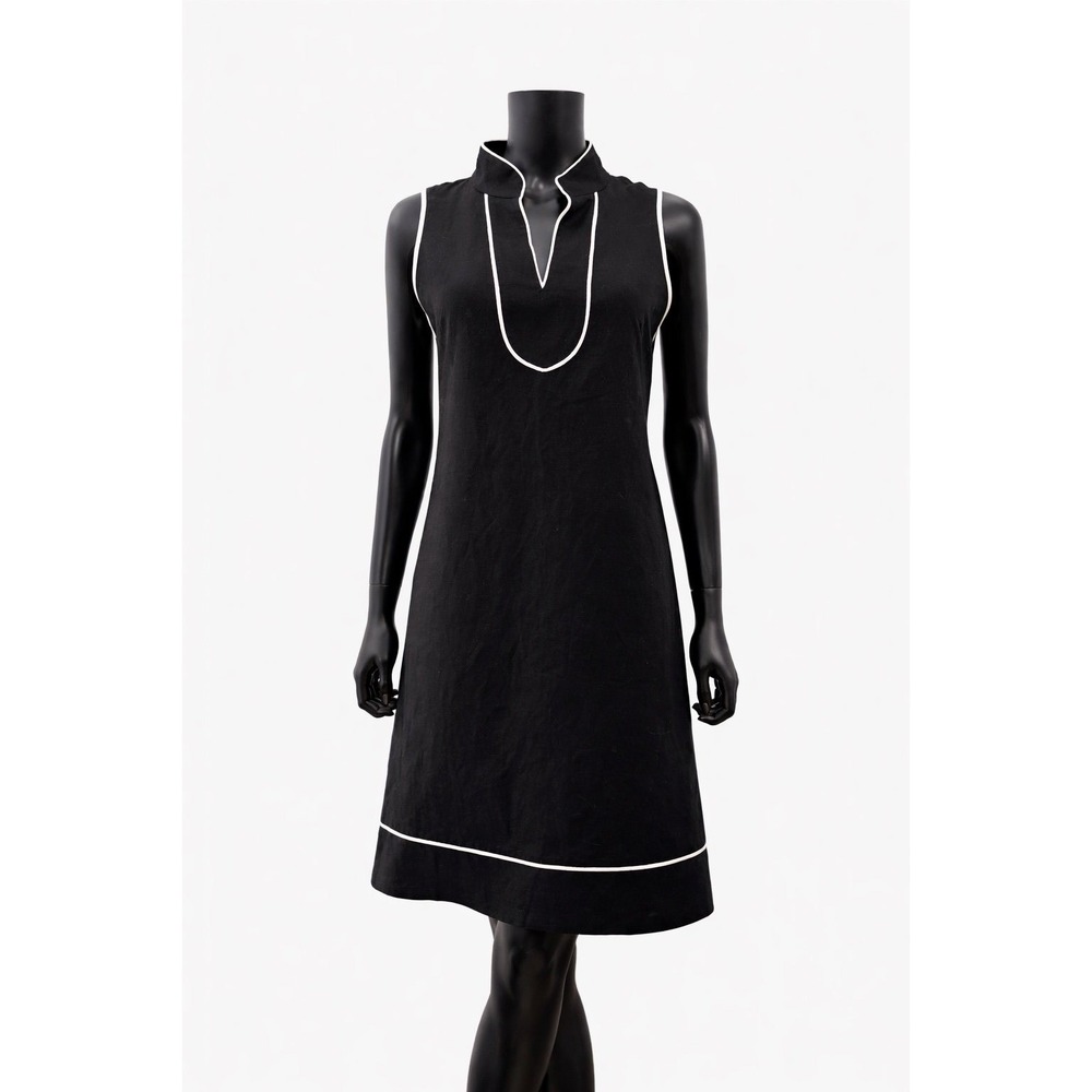 Eliza J‎ Black Linen Blend Sleeveless Shift Dress White Piping Size 6